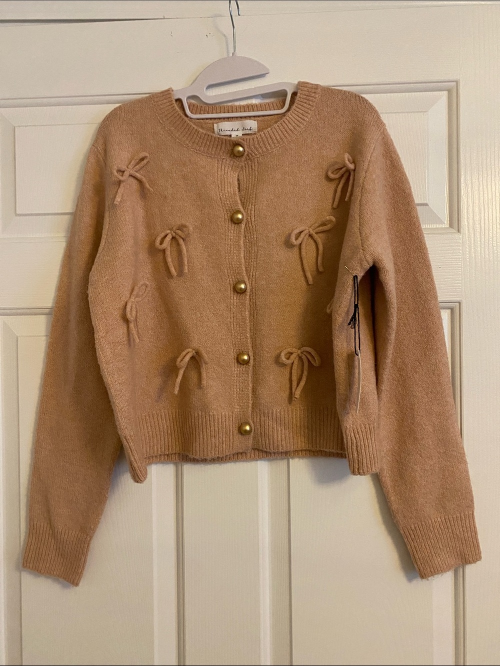 Sincerly Jules Blush Bow-Accent Cardigan with Gold Buttons